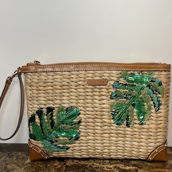 Michael Kors 🏝 MALIBU STRAW ZIP CLUTCH embroidered palm - Picture 4 of 15